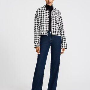 Express tweed boucle plaid jacket blazer pearl buttons navy black white S chic